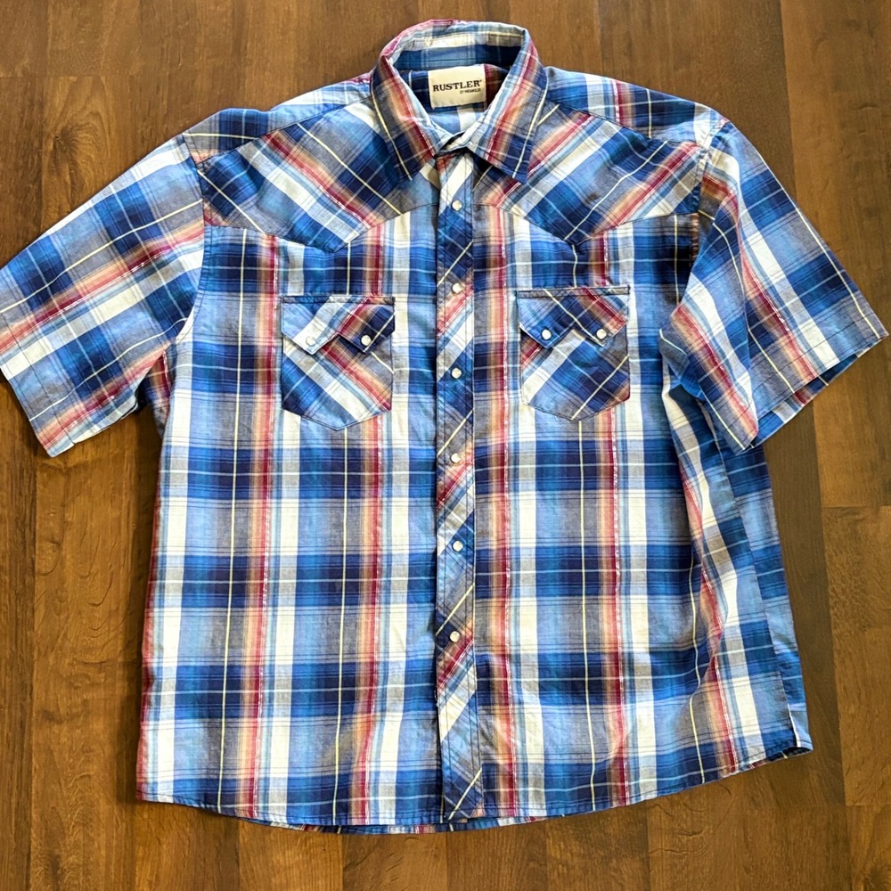Rustler by‎ Wrangler Mens Blue Plaid Short Sleeve Western Pearl Snap Shirt XL